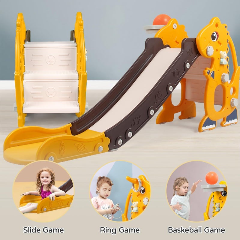 Sephyroth Kids Slide for Toddler - 4 in 1 Indoor Plastic Freestanding Slide for Toddler Outdoor Playground Climber Slide Playset with Basketball Hoop & Ring Game (Dinosaur Yellow) - Image 4